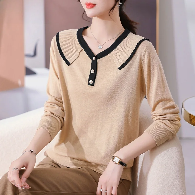 

Faionable Knitted Base irt for Middle-Aged And ly Women Spring Autumn V-Ne Loose Fit Thin Material Quali T-irt