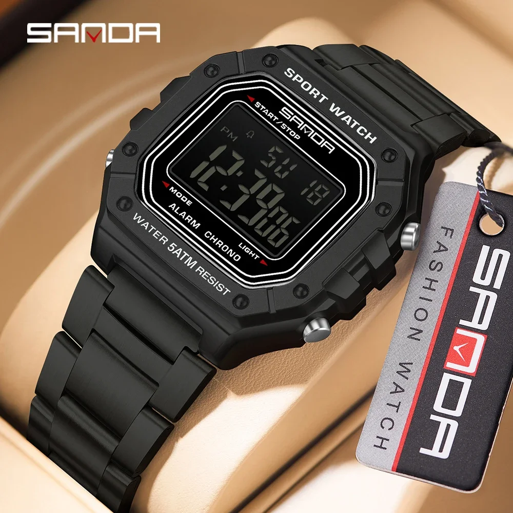 SANDA 2235 Fashion Square Men's Electronic Watch Sports Multi functional Waterproof LED Countdown Men's Electronic Watch Alarm