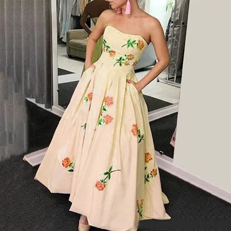 Chic Summer Sleeveless Tube Tops Long Dress Women Elegant Floral Printed Evening Gala Dresses 2024 Slash Neck Waist Party Dress