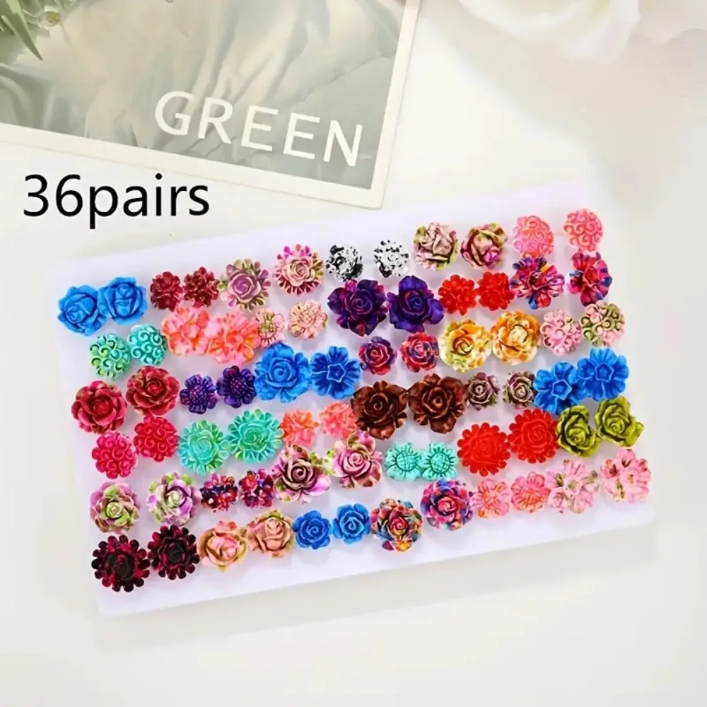 

36-Pair Boho Chic Colorful Rose Stud Earrings Set for Men & Women - Resin Flower Design, Perfect Birthday Gift Y2K