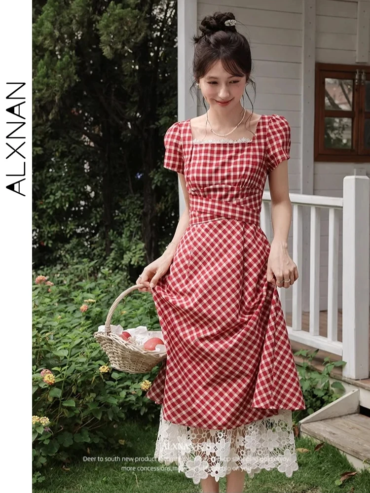 

ALXNAN Long Plaid Dress Elegant Vintage A-line Women's Midi Dress 2025 Square Neck Lace Panels Holiday Female Clothing DYL661795