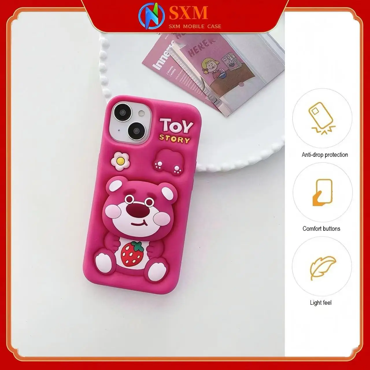 

Cute Strawberry Bear for Apple's new inflatable telescopic stand phone case