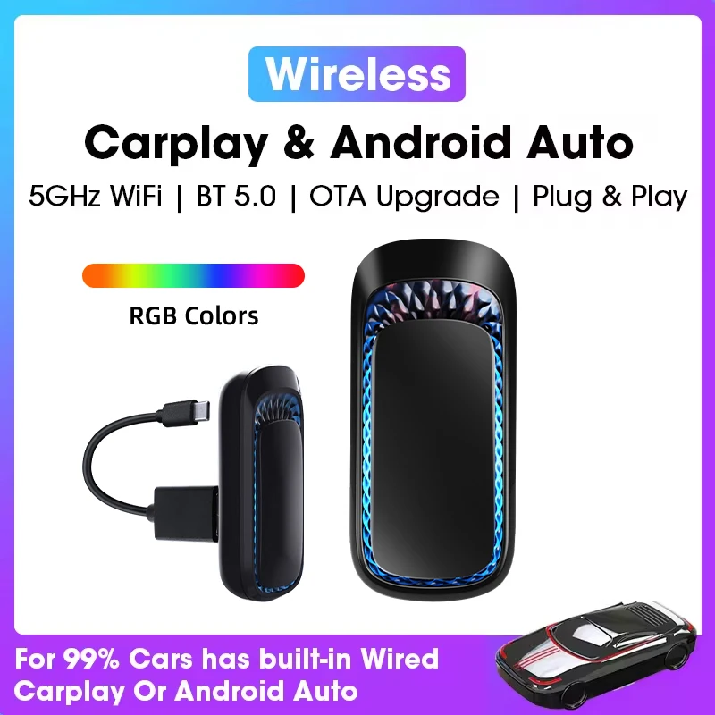 CarAiBOX RGB Kleurrijke draadloze Carplay en Android Auto Mini Smart Box Bluetooth WiFi Auto Connect voor bedrade Apple Carplay-auto's