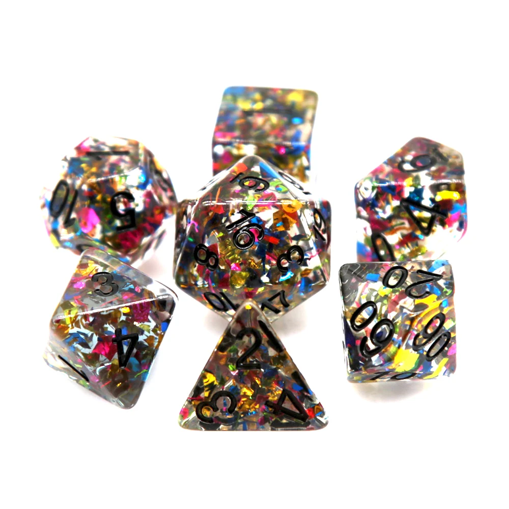 Transparent Resin Dice with Rainbow Confetti, Black Ink Polyhedral Dice for DND RPG Dice Set
