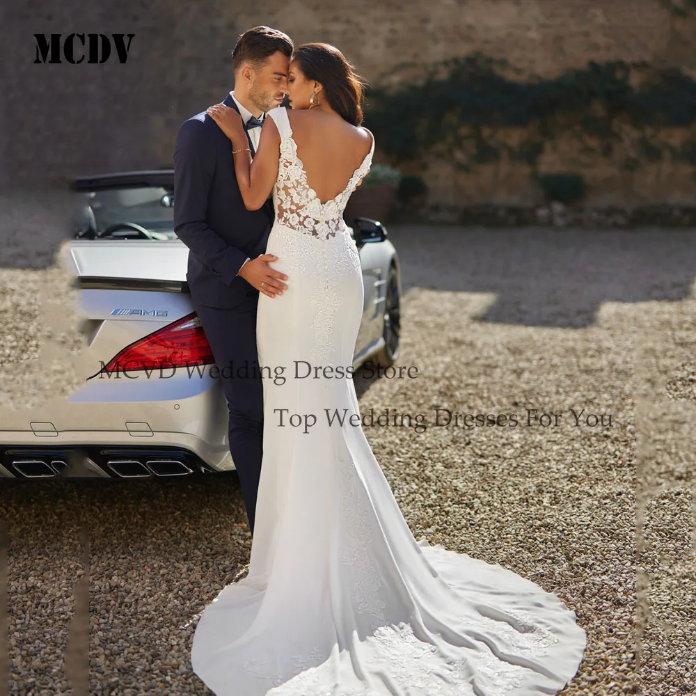 MCDV Luxus Hochzeit Kleid Applique Scoop Backless Cap Sleeve Meerjungfrau Satin Braut Party Kleider Angepasst vestido de novia boda