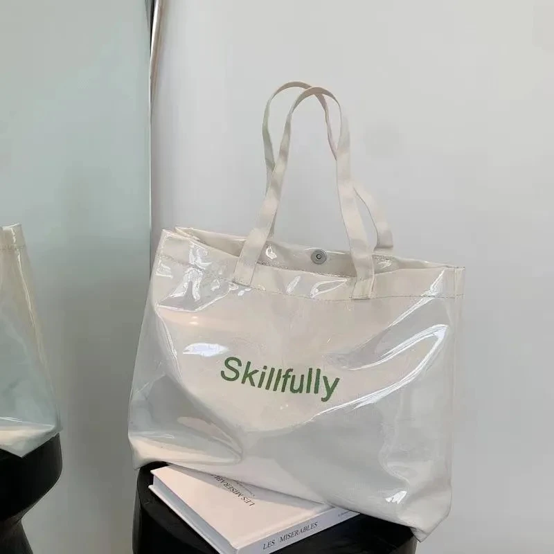 Women Canvas Shoulder Bag Ins Transparent PVC Skillfully Printing Large Capacity Reusable Tote Waterproof Shopping Bag For Girls