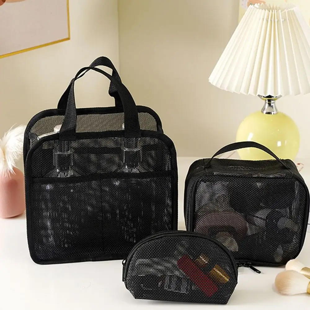 

3Pcs/set Large Capacity Mesh Cosmetic Bag Zipper Transparent Transparent Makeup Pouch Visibility Lightweight Travel Storage Bag