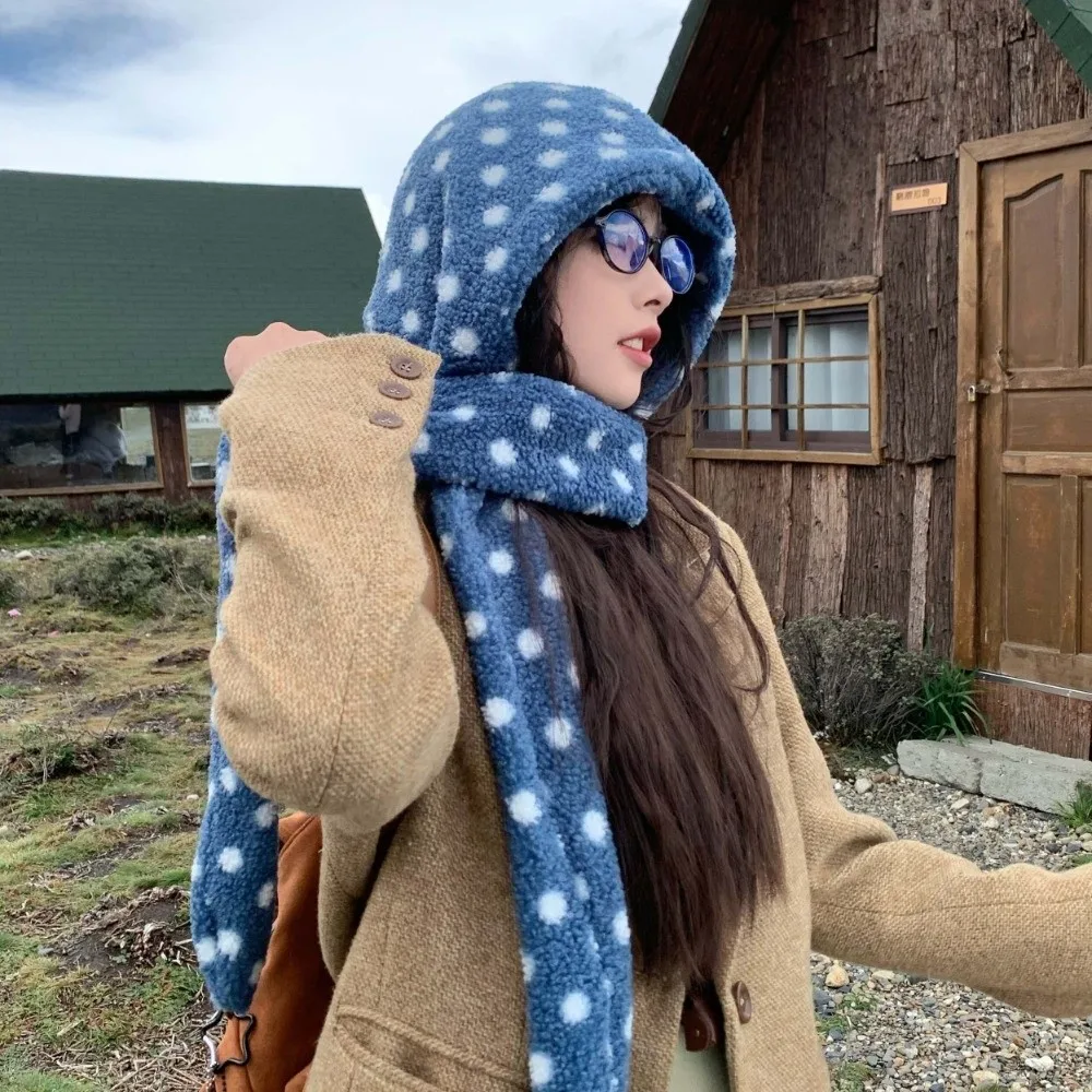 Integrated Design Hooded Scarf Hat Soft Fluffy Thermal Fabric Balaclava Cap Thick Ear Protection Fleece Hooded Scarf