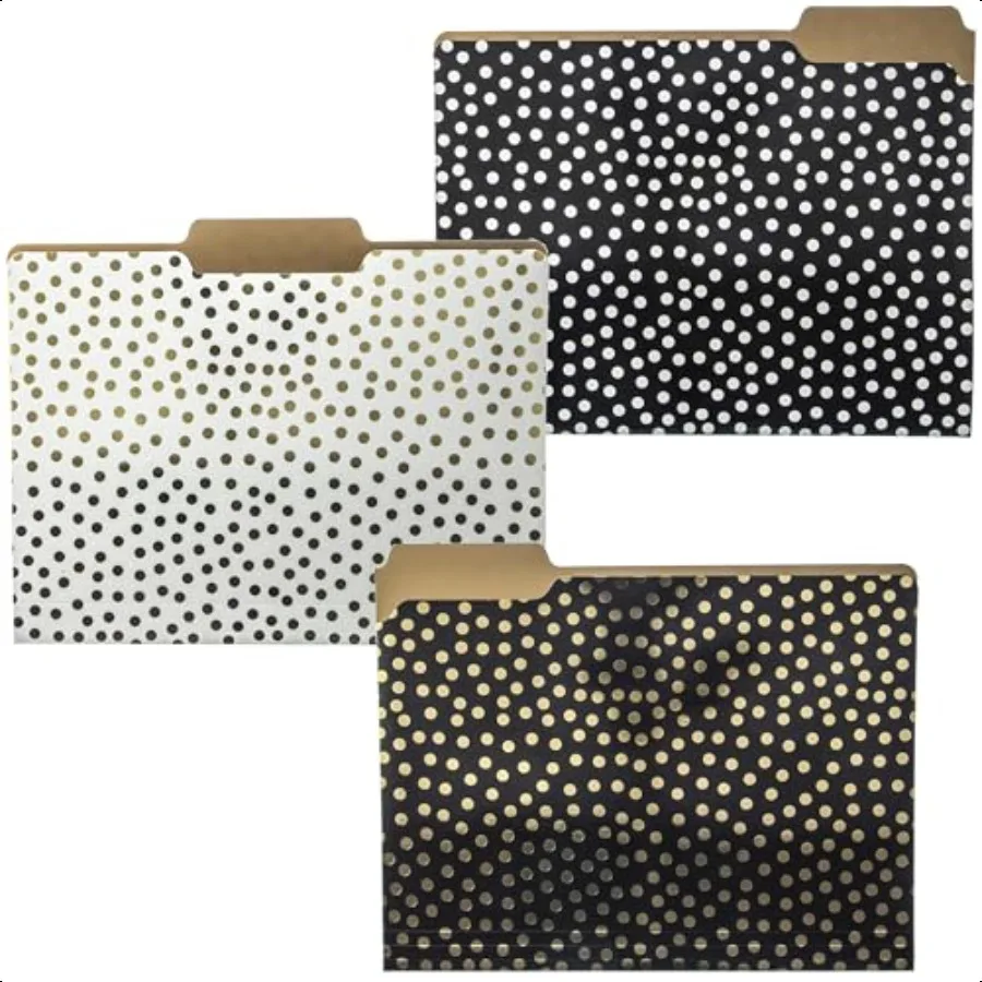

Designer Black White and Gold Polka Dots File Folders Set of 9 3 Designs Letter Size Organizers Decorative Office plies Durable
