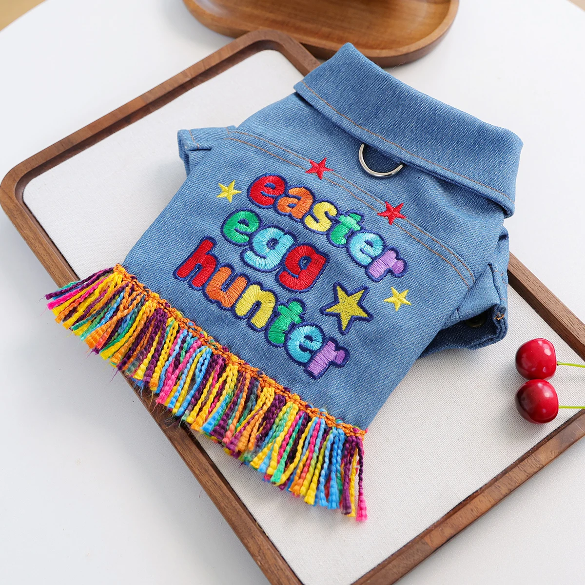 Easter Egg Hunter Haustier-Jeansjacke, Regenbogen-Fransen-Stickerei, D-Ring inklusive, Knopfleiste, zweibeiniger Mantel für kleine Hunde und Katzen