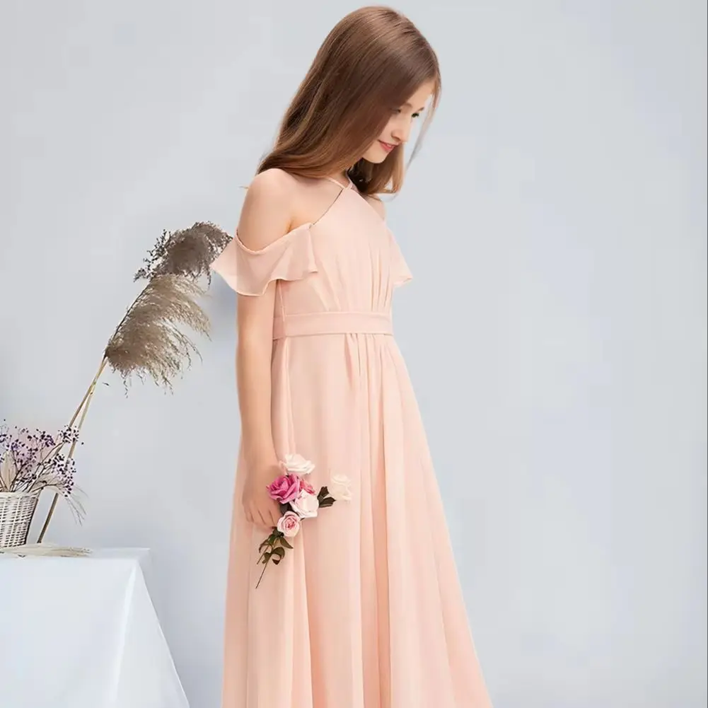 

VWA Kids A-line Halter Floor-Length Chiffon Junior Bridesmaid Dress With Bow Pearl Pink Flower Girl Dress for Wedding PartyTeens