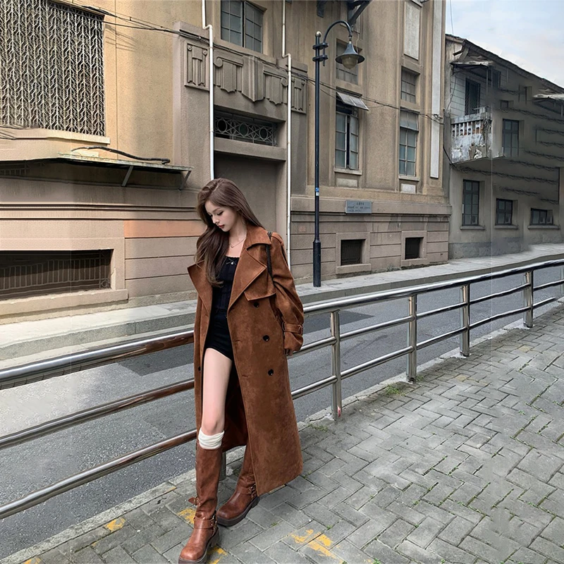 2024 Women\'s Autumn and Winter New Vintage Trench Coat Reversible Suede Coat Loose Tweed Long Jacket Mirad Wear Women\'s Clothing