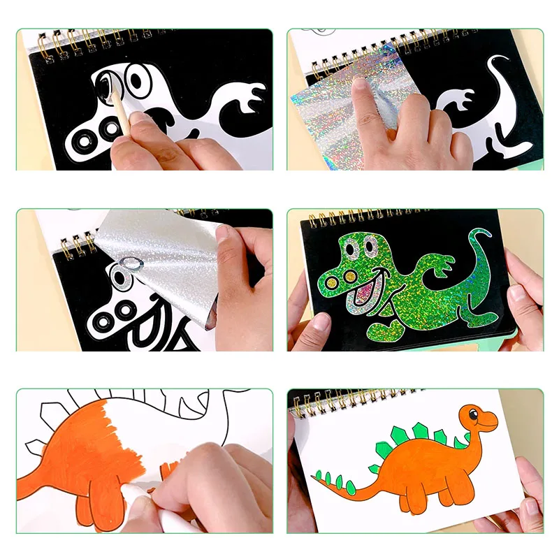 Magic Art Stickers Painting Book Cartoon Dinosaur Handheld DIY Colouring Set Dazzling Colourful Sticky Kids Colouring Book