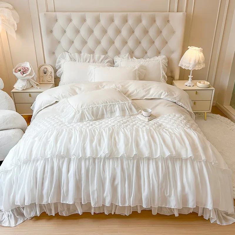 White Lace Flowers Princess Duvet Cover Sets 100% Cotton Korean Style Bedding Set Bed Skirt Pillowcase Solid Color Bedclothes