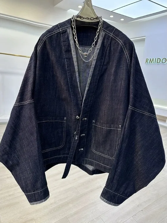 

Loose Casual High-End Feeling Batwing Sve V-Ne Denim Jaet ort Outerwear Women's Autumn New Arrival Korean Sle