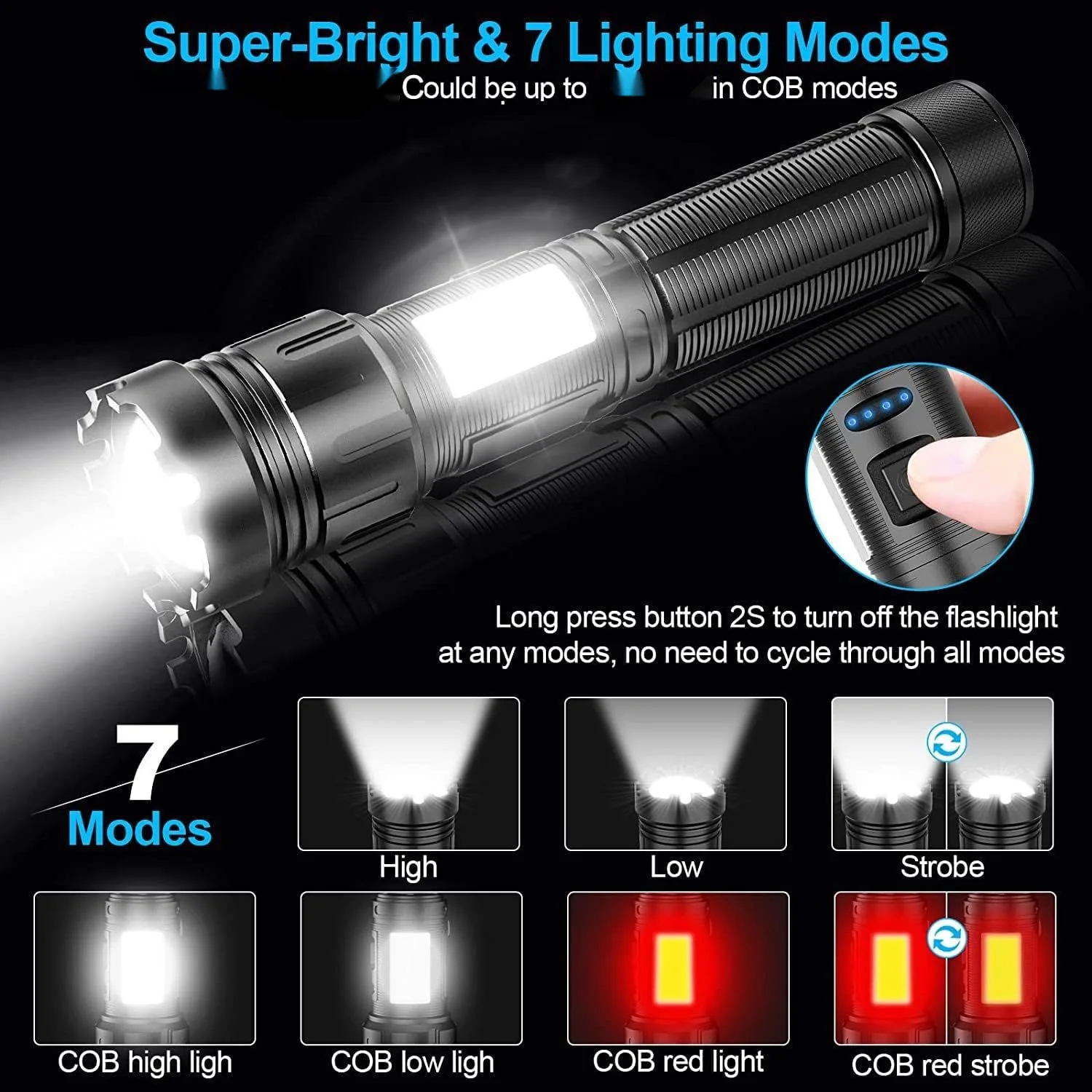 Powerful Long Range LED Flashlight High Lumens Type-C Rechargeable With Side Light Output Power Bank Zoom Linterna Torch Light