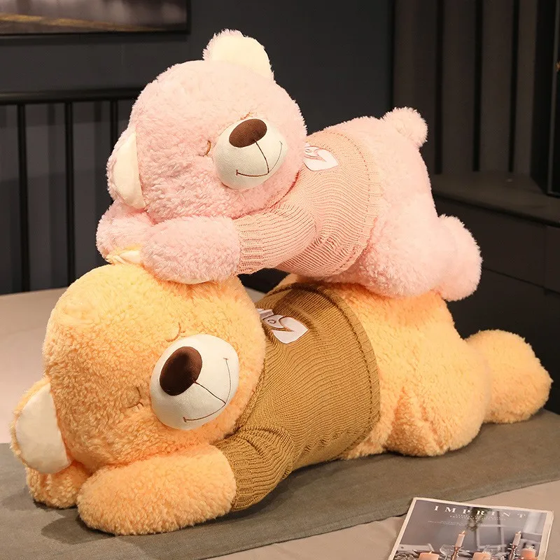 80/100CM Lovely Giant Size Lying Teddy Plush Toys Soft Sweater Bear Plush Pillow Stuffed Animal Dolls Kids Baby Christmas Gifts