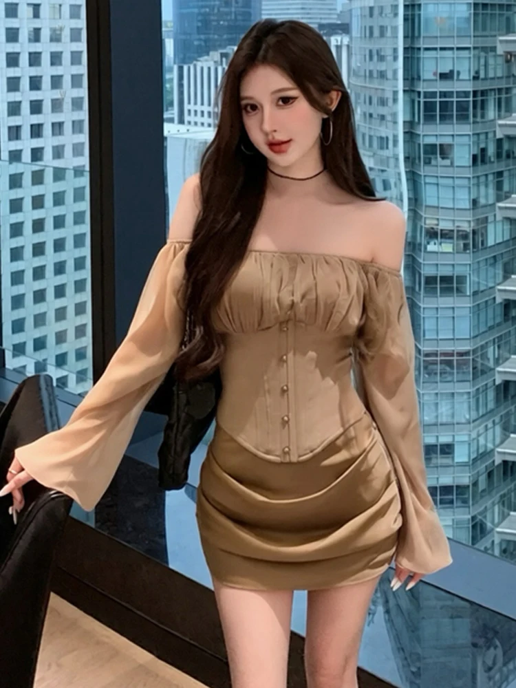 Slimming Fishbone Design Long Sleeve One Shoulder Retro Neckline High Waist Half Skirt Fashionable Two Piece Set for Women