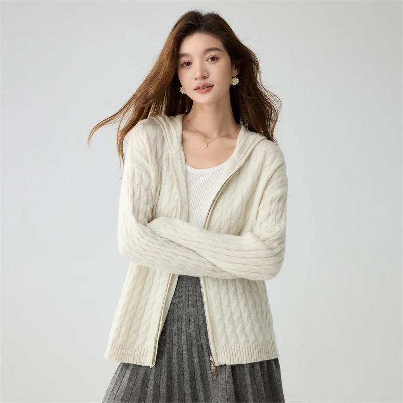 Women's Sweater Cardigan 100% Cashmere Hooded Coat Classic Jacquard Sweater Autumn Winter Warm Knit Clothes Gold Thread Sequined