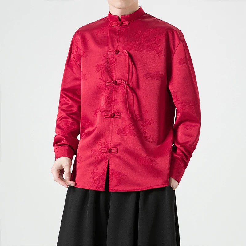 

Silk Embroidered Shirt Men's High-End Retro Tang Costume Style Improved New Chinese Style Long Sleeve Shirt Spring Autumn