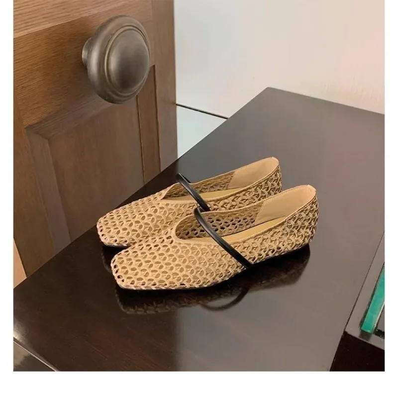 Square Head Hollow Woven Casual Comfortable Women's Flat Shoes Cut-out Mary Jane Single-layer Shoes Fishnet Shoes