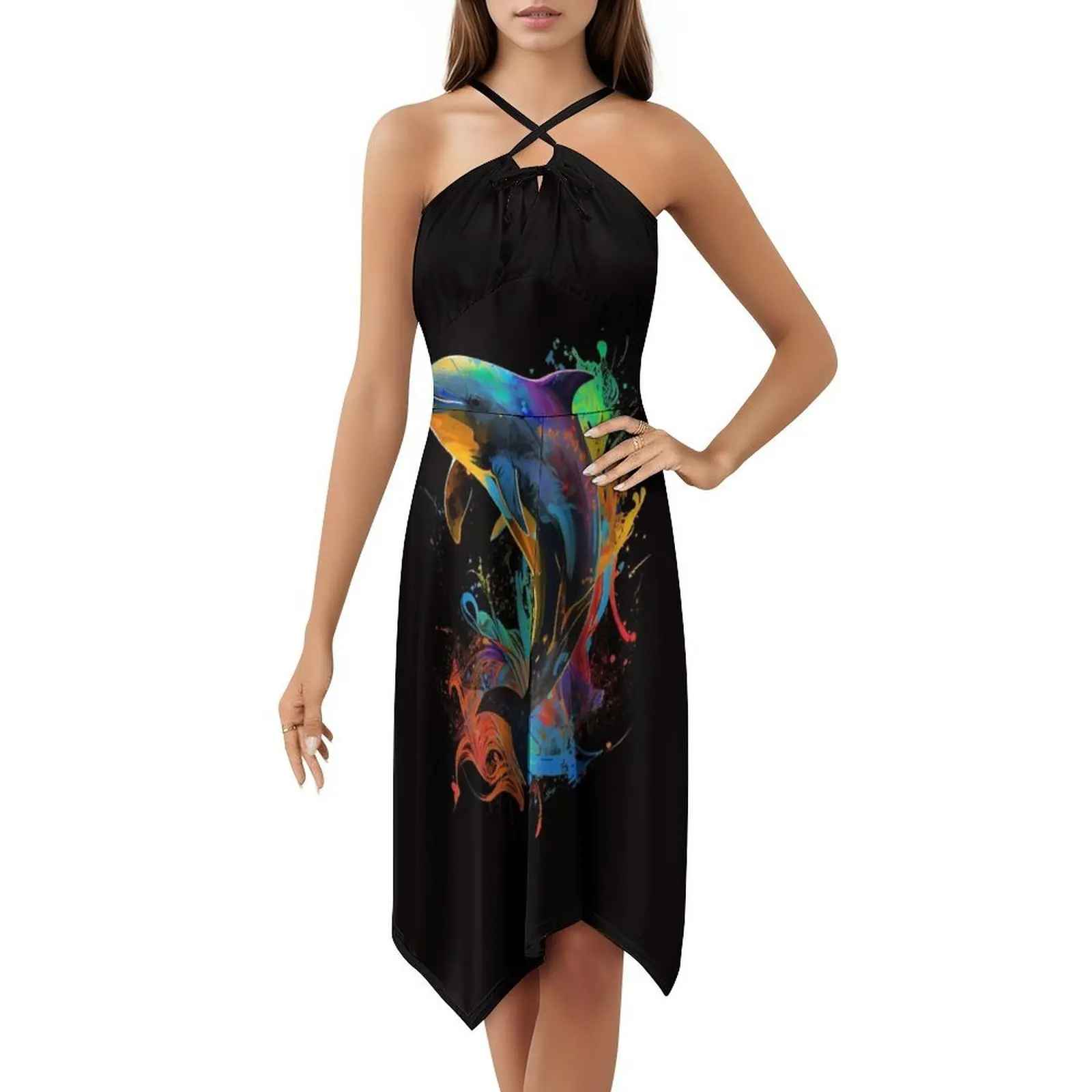 دولفين فن البوب تصميم ملون دولفين عاشق تصميم البوهيمي بلا أكمام فستان متعدد الطباعة شاطئ عطلة فستان الحفلات دولفين #5