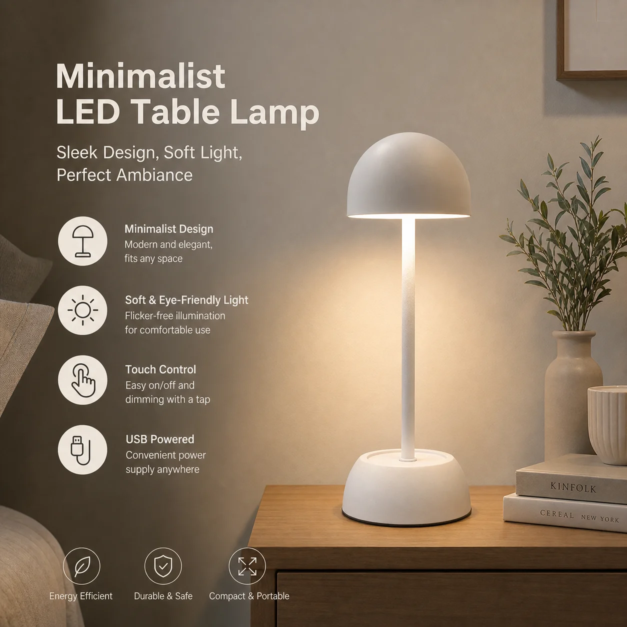 WWPPU Mushroom Rechargeable Table Lamp, Touch Control LED Desk Lamp for Hotel Bedroom Homestay, Matte White