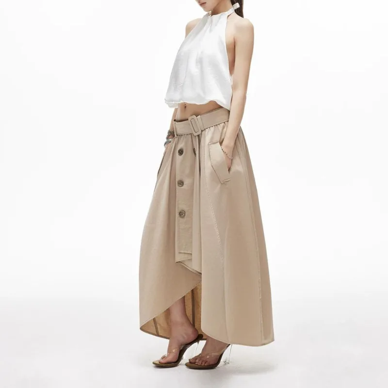 New Fashion Summer Double Breasted Skirt Women Elegant High Waist Irregular Draped Strapless Cargo Skirts Casual Loose Jupe
