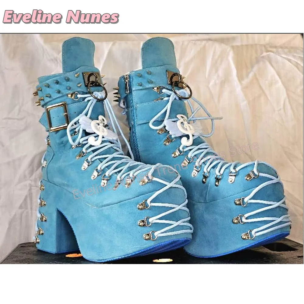 Women Baby Blue Platform Ankle Boots Spiked Studded Buckle Lace Up Block Heel Gothic Punk Y2K Streetwear Fashion Footwear 2026