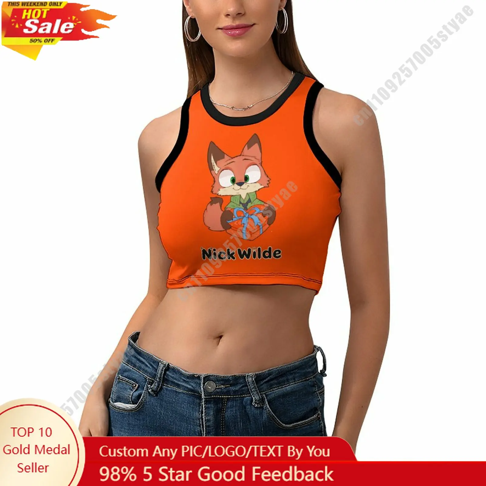

Nick Wilde Vest Disney Pattern Custom Photo Text Crop Tank Racerback Vest Personalized Graphic Sleeveless Crop Top