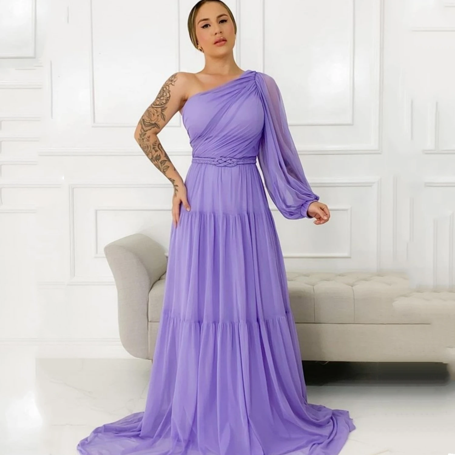 Lucy Lavende eine Linie benutzer definierte Abend Abschluss ball Kleider Chiffon Arbaic ein voller Ärmel Roben de Cocktail Nacht Kleid Kleider