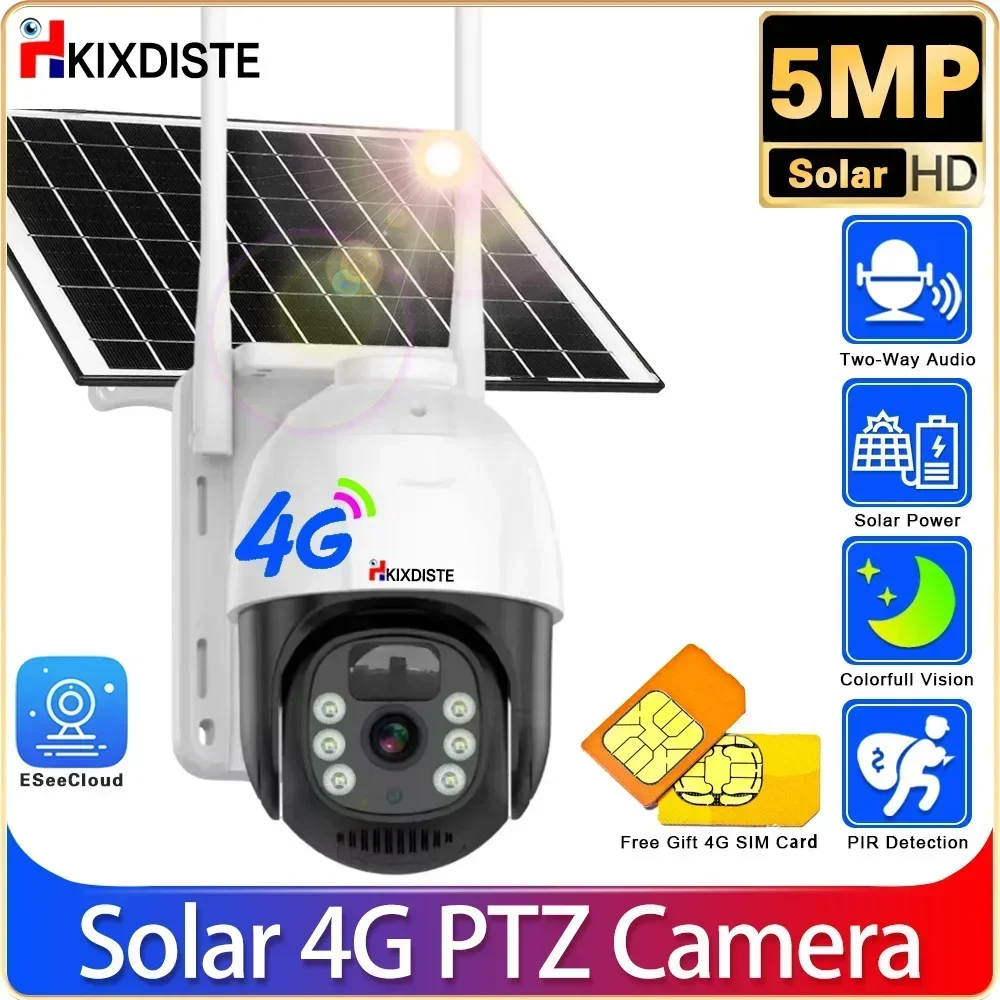 5MP 4G SIM كاميرا تعمل بالطاقة الشمسية PTZ كاميرات فيديو الحماية الأمنية PIR كشف الإنسان CCTV مراقبة اللون للرؤية الليلية كام