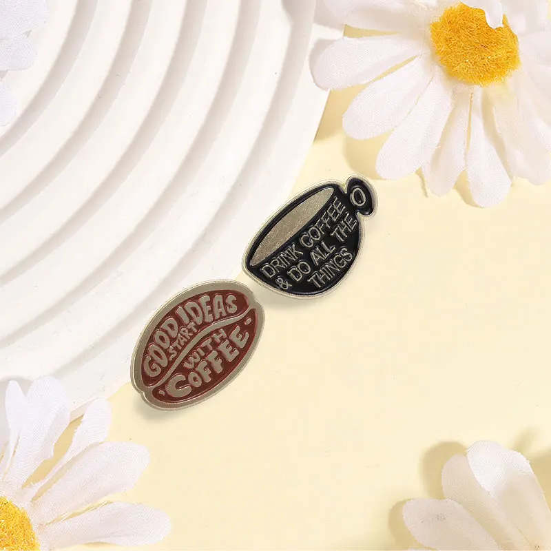 Good Ideas Start With Coffee Coffee Bean Enamel Pin Retro Relief Coffee Cup & Coffee Bean Brooch Bag Clothes Badge Jewelry Gifts