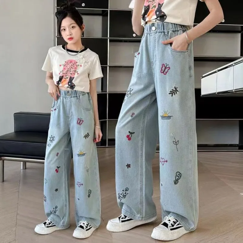 2026 Summer New Girls Jeans Loose and Stylish Wide Leg Pants Fashionable and Versatile Straight Leg Pants Embroidered