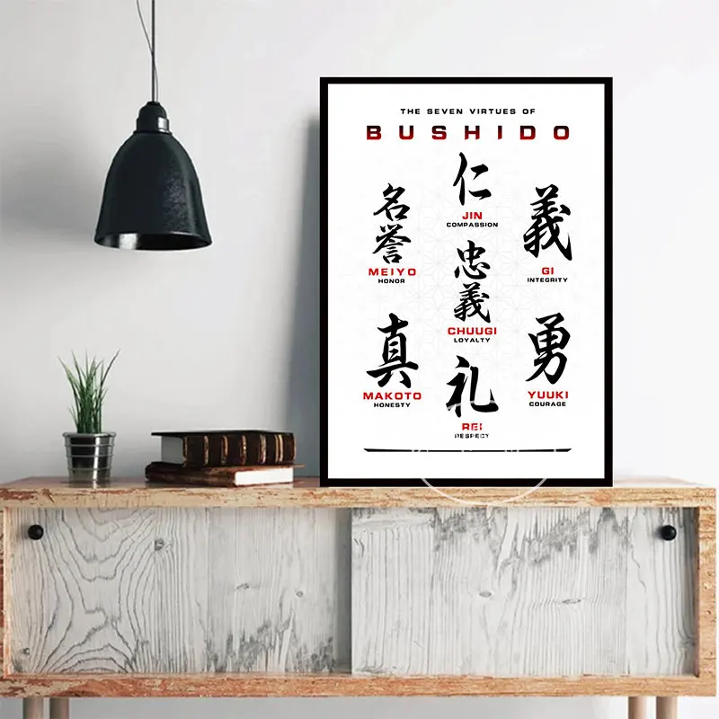 Japanese Samurai 7 Virtues of Bushido Poster Quotes Japan Kanji Samurai Wall Art Canvas Print Picture for Living Room Home Decor