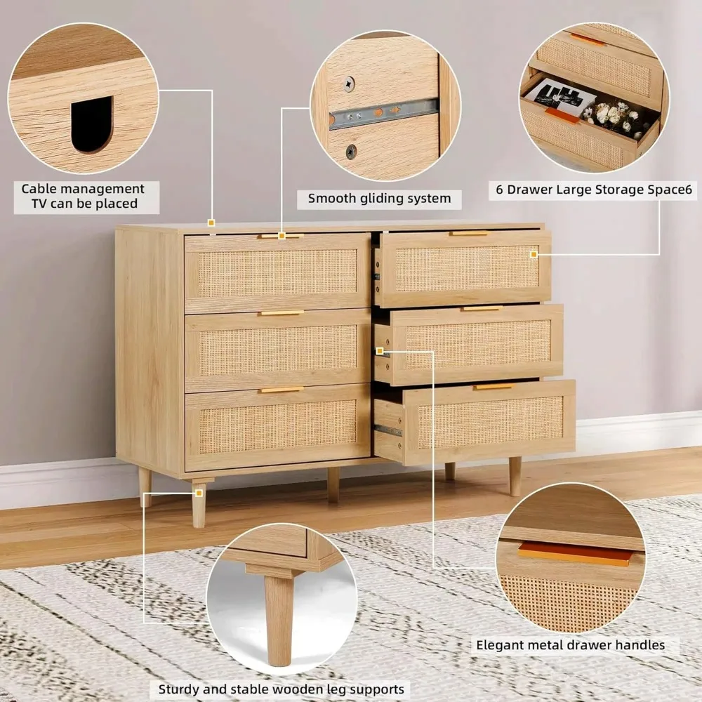 Modern 6-Drawer Double Dresser in Rattan Style with Gold Handles for Bedroom and Living Room Storage