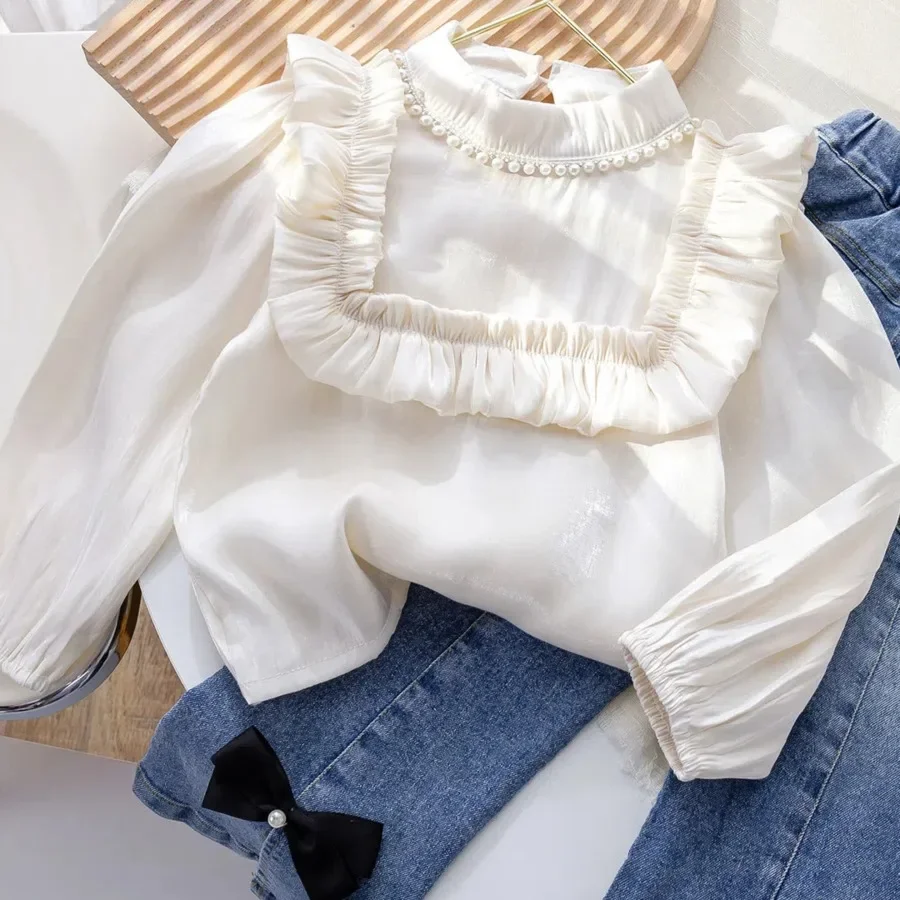 2024 Spring Cotton Solid Lace White Blouse Summer Striped Shirt Korean Baby Long Sleeve Tops Cute Shirts School Girls Blouses