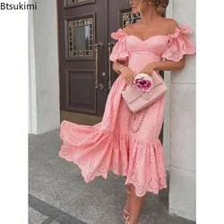 2024 donne Sexy scava fuori Solid Ruffles Dress Summer Loose Lace Patchwork abito Casual eleganti abiti da festa senza spalline Vestidos