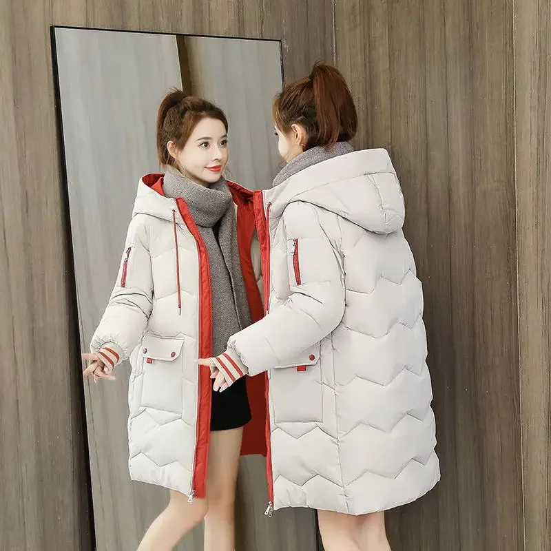 Women Fashion Medium Long Styles Loose Winter Coat Hooded Thicken Casual Overcoat Spliced Pockets Solid Jacket Women Clothing