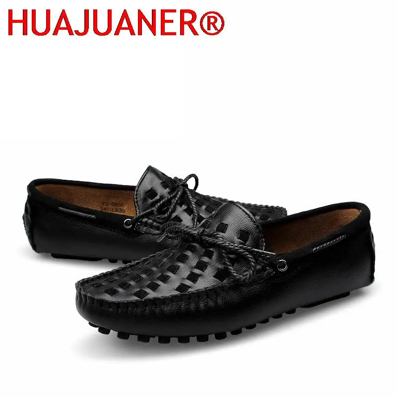 Mocassins luxuosos de couro masculino, sapatos de barco respiráveis, mocassins deslizantes, sapatos casuais para dirigir, italiano, verão, nova marca