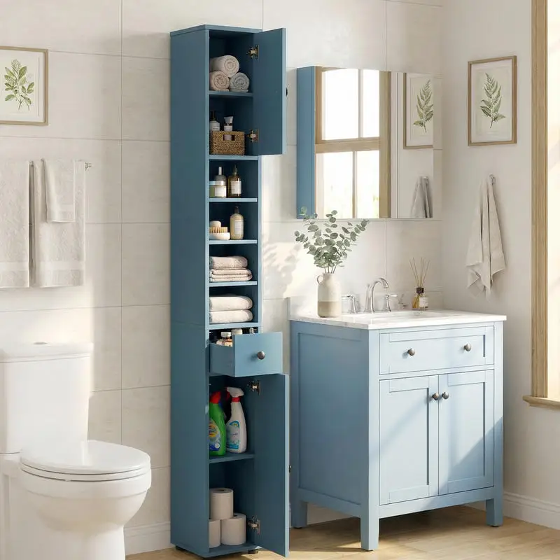 

Freestanding Slim Bathroom Cabinet with Drawer and Adjustable Shelves-Blue
