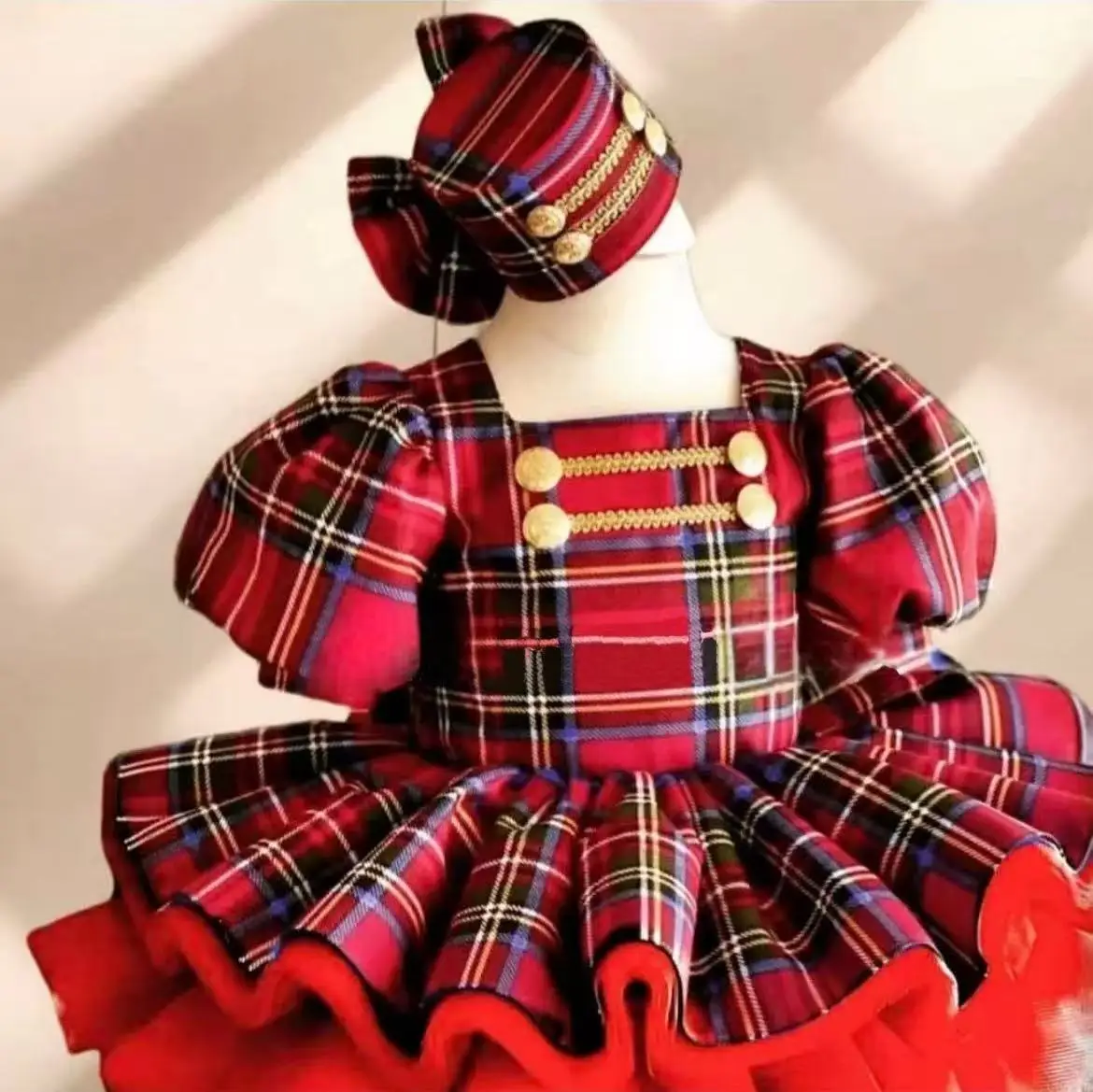 

0-12Y Baby Girl Summer Red Plaid Vintage Princess Dress With Hat for Birthday Holiday Eid Christmas B475