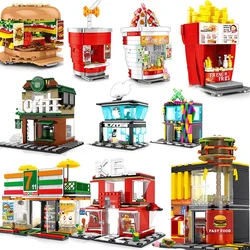 Mini Shop Market Street View Sets Model Building Blocks Hamburger Restaurant Retail Store Creative Architecture Friend Girl City