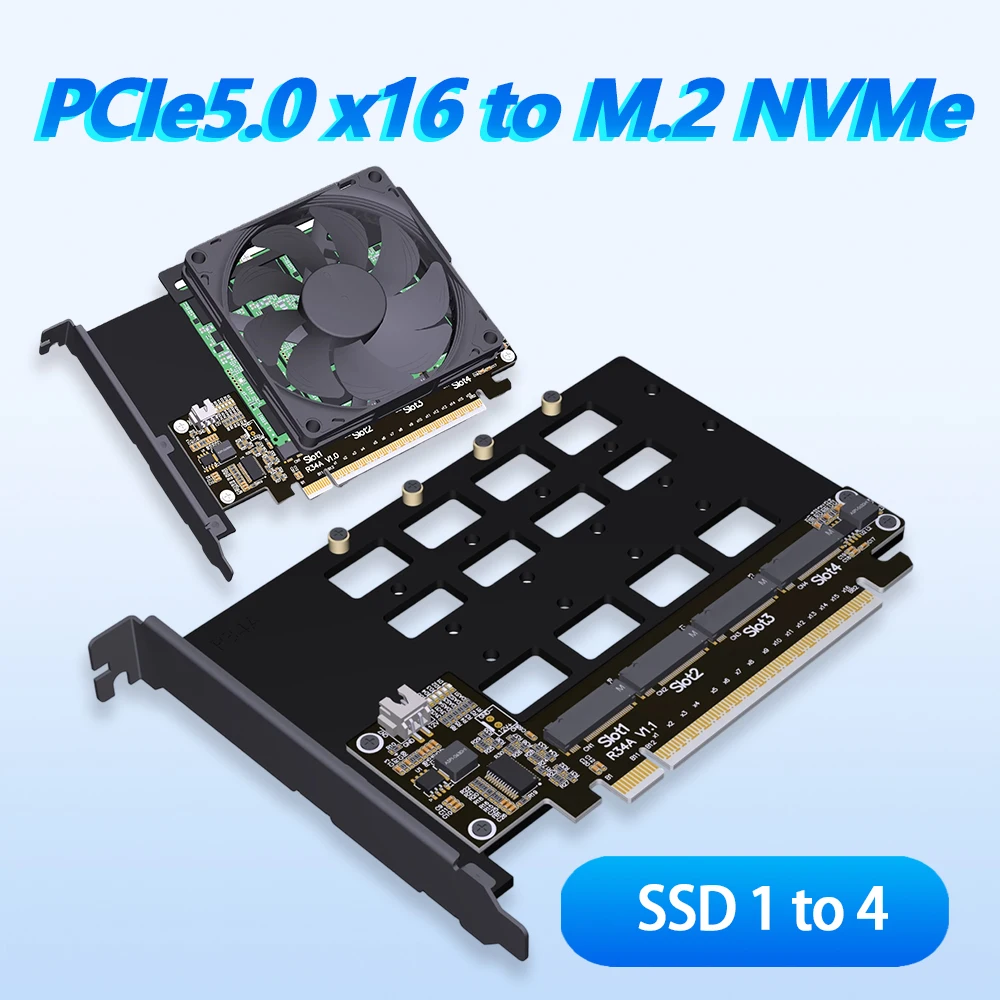 

PCIE 5.0 X16 To M.2 NVMe Expansion Card Fan Kit Solid State Drive SSD 4X 128Gbps Gen5 4-Disks Split Adapter R34A 1 To 4