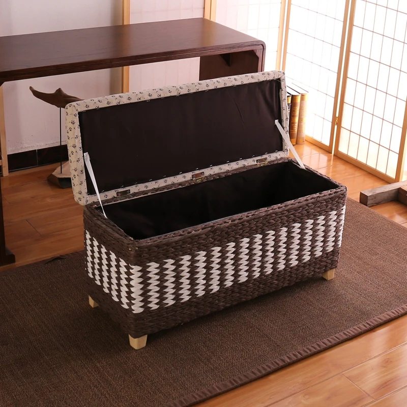 Woven Storage Ottoman Rattan Shoe Bench for Entryway Square Sofa Stool with Storage Compartment Modern Bedside Stool for Bedroom