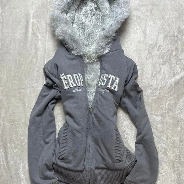 

Treasure Coconut Girl Grey Fleece Thickened Hooded Sweater Jacket Women's Autumn and Winter American
