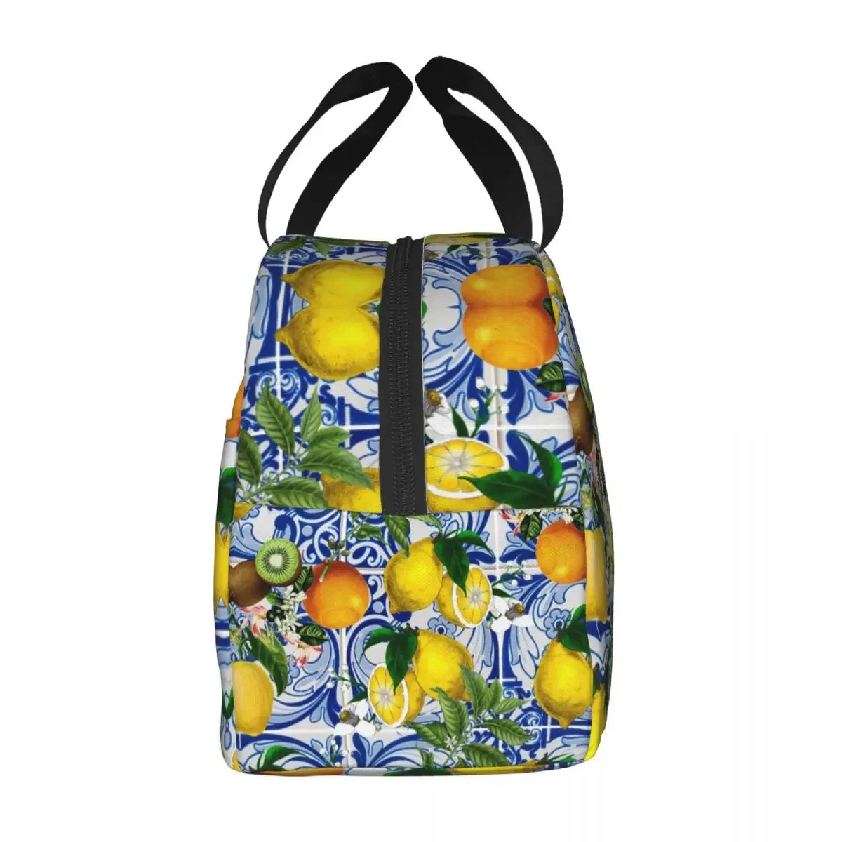 Mediterranean Lemon On Blue Ceramic Tiles Insulated Lunch Bag Leakproof Summer Citrus Fruit Thermal Cooler Lunch Tote Beach