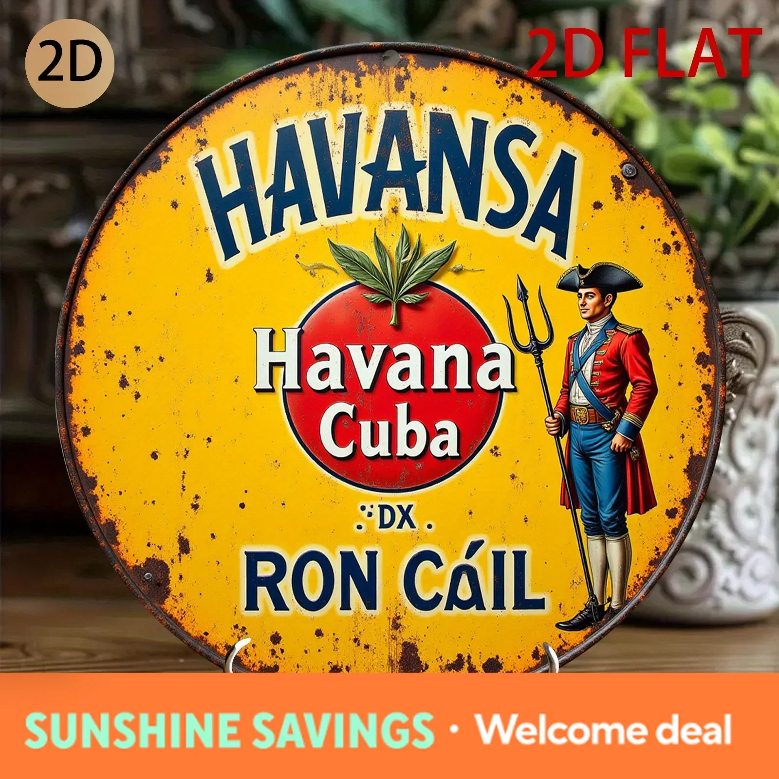 Letrero Redondo Metálico Vintage Havansa Havana Cuba Ron, Arte de Pared Metálico Retro 2D Plano con Publicidad de Ron Cubano, Decoración Rústica de Havana Cuba
