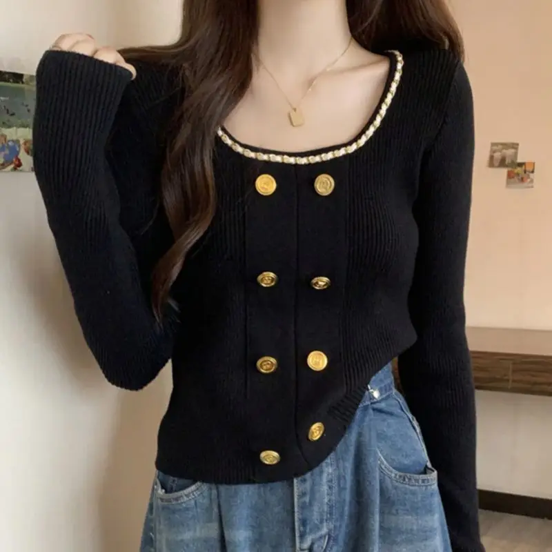 Autumn Winter New Knitting Women Clothing Fashion Buttons O-neck Sweater Interior Lapping Pullover Long Sleeve Pullovers Top Tee