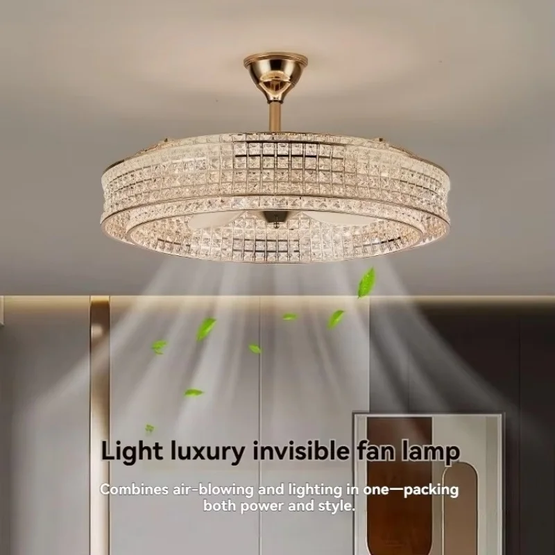Modern Stylish Invisible LED Fan Lamp With Crystal Living Dining Room Bedroom Silent Ceiling Fan Light Fixture Indoor Lighting